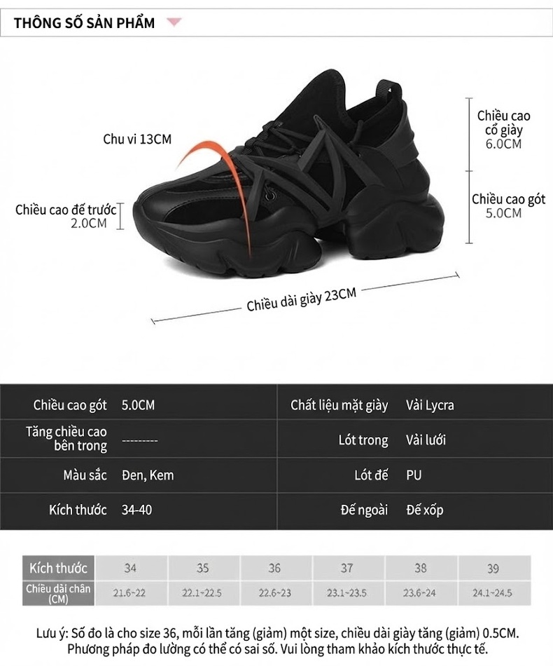 Giày Sneaker Nữ Đế Dày Phong Cách Ins Chiều Cao Đế Khoảng 5cm Màu Đen, Trắng Kem chi tiết 3