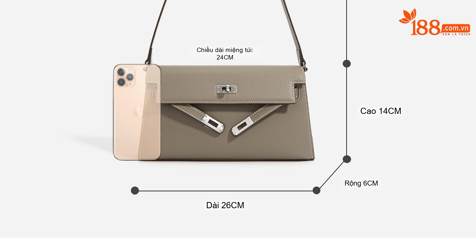 Túi Kelly Da Thật Dáng Hộp Size 26cm Đeo Vai, Xách Tay Màu Xám, Đỏ, Nâu