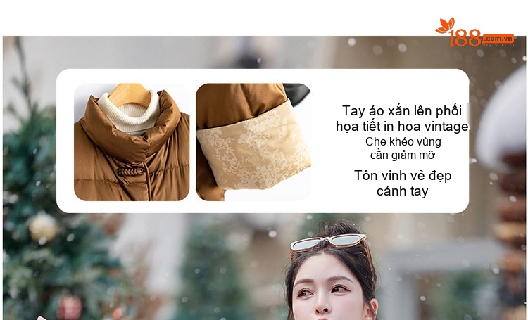 Áo Khoác Phao Nữ Cổ Trụ Tay Bo Chun Cúc Bấm Phong Cách Cổ Điển Lót Lông Vịt Trắng 90 Màu Nâu, Trắng, Đen chi tiết 13