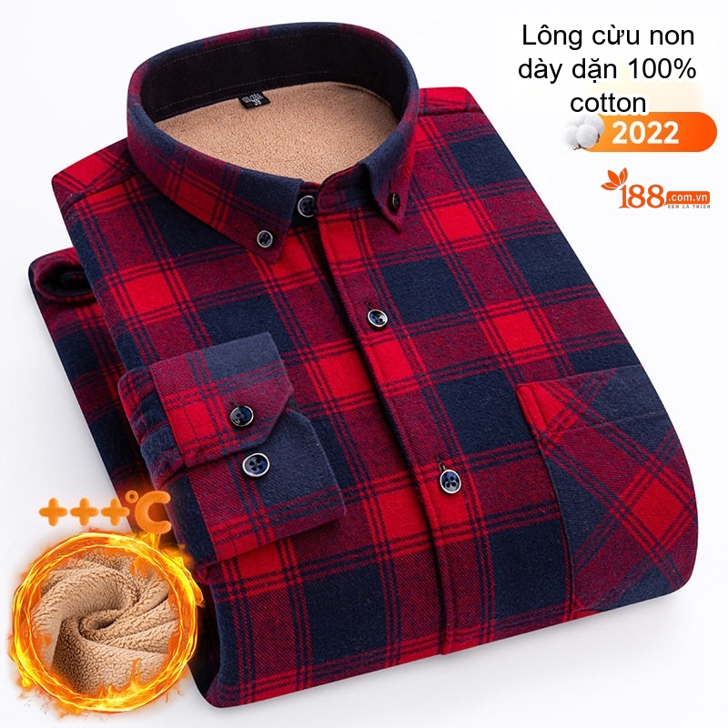 Áo Sơ Mi Nam Ca Rô Lông Cừu Non Cotton Dày Dặn Giữ Ấm Màu Đen, Đỏ, Xanh Dương, Xanh Lá...