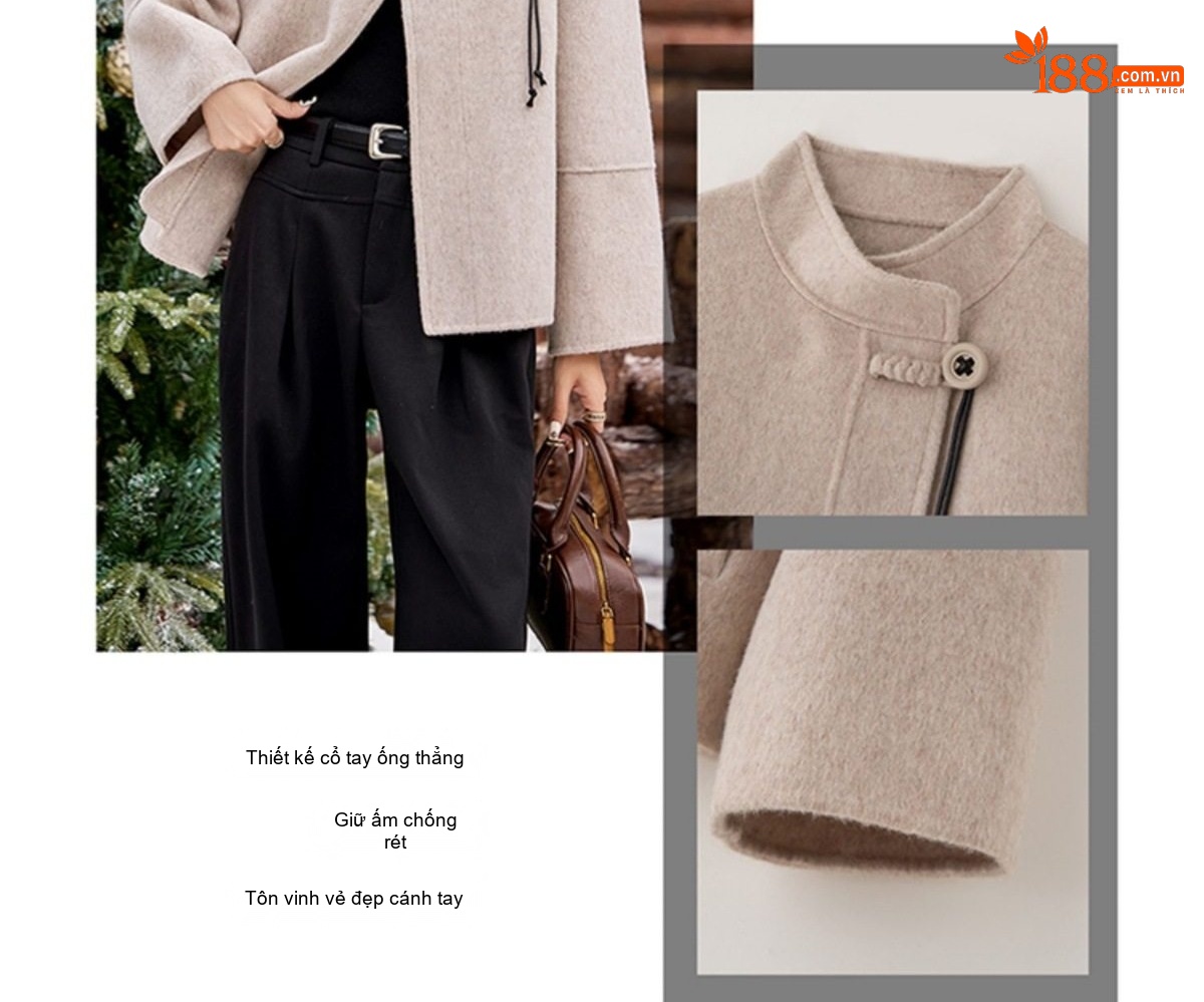 Áo Khoác Nữ Lông Cừu Pha Len Ngắn Tay Phong Cách Hepburn Màu Đen, Đỏ, Nâu, Kem chi tiết 19