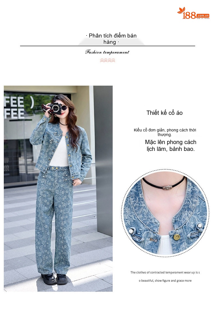 Set Bộ Quần Áo Nữ In Họa Tiết Quần Ống Rộng Phong Cách Thời Trang Màu Xanh Denim chi tiết 4