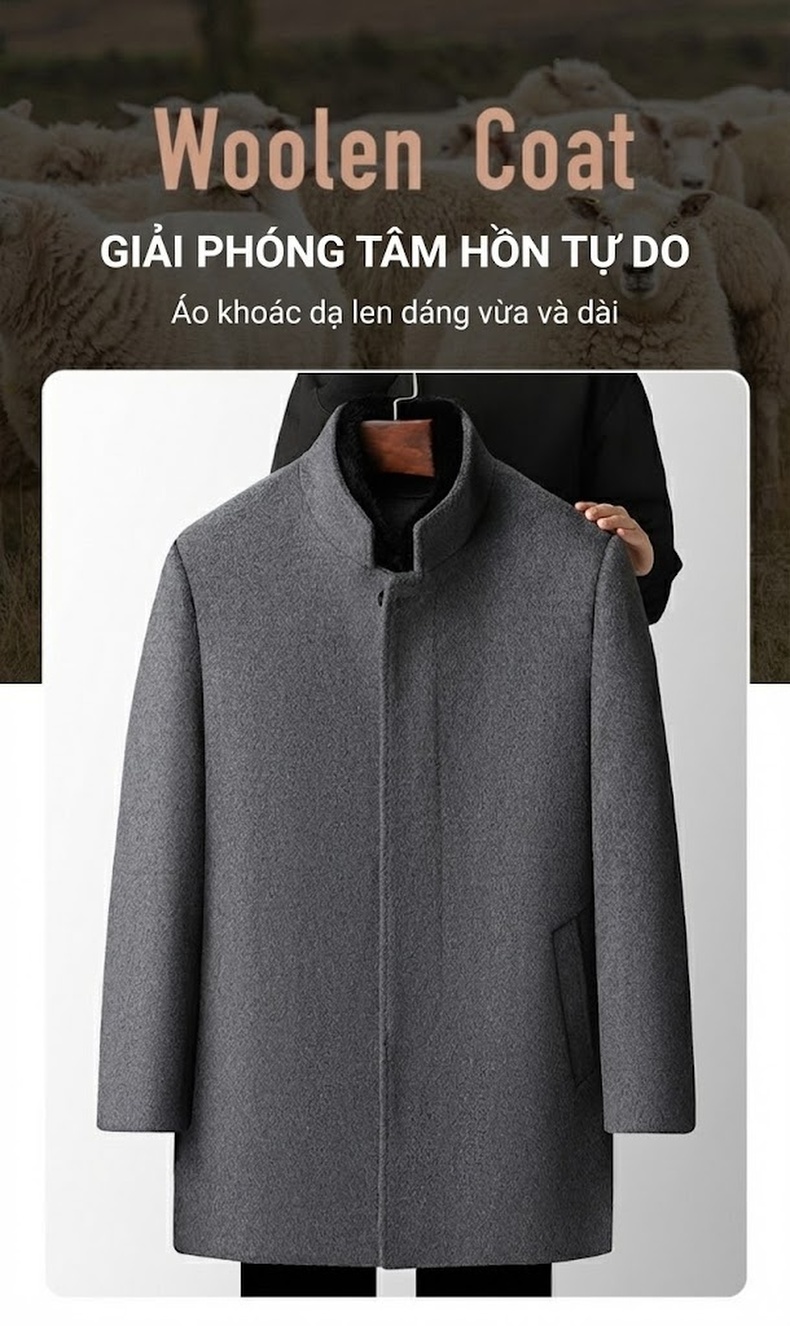 Áo Khoác Dạ Nam Lót Lông Vũ Dày Dặn Tháo Rời Màu Đen, Xám chi tiết 1