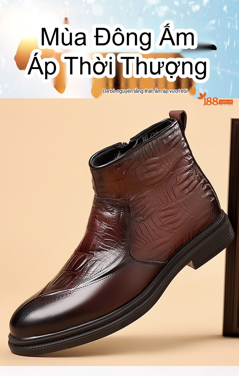 Boot Nam Da Bò Lót Lông Cừu Giữ Ấm Mùa Đông Chiều Cao Đế Khoảng 3cm Màu Đen, Nâu chi tiết 1