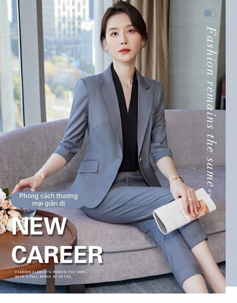 Bộ Vest Công Sở Nữ Tay Lỡ Phong Cách Hàn Quốc Màu Xám, Xanh Dương, Hồng, Nâu chi tiết 1