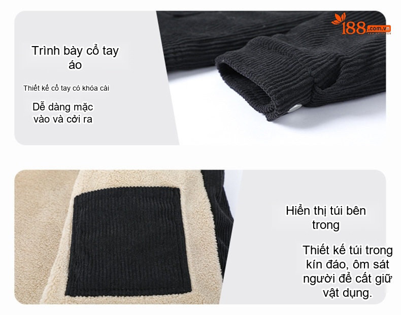 Áo Khoác Nam Cổ Bẻ Vải CORDUROY Dáng Bomber Màu Đen, Kem, Xanh Olive chi tiết 21