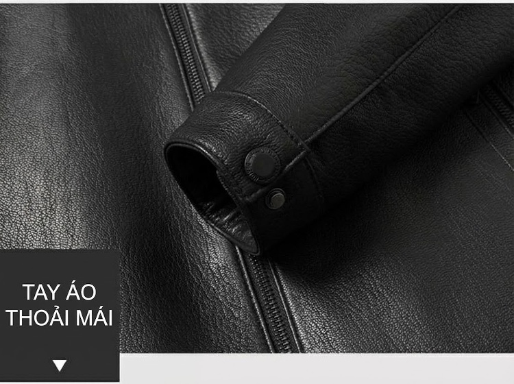 Áo Khoác Da Thật Nam Cổ Trụ Dáng Ôm Vừa Vặn Màu Đen chi tiết 11