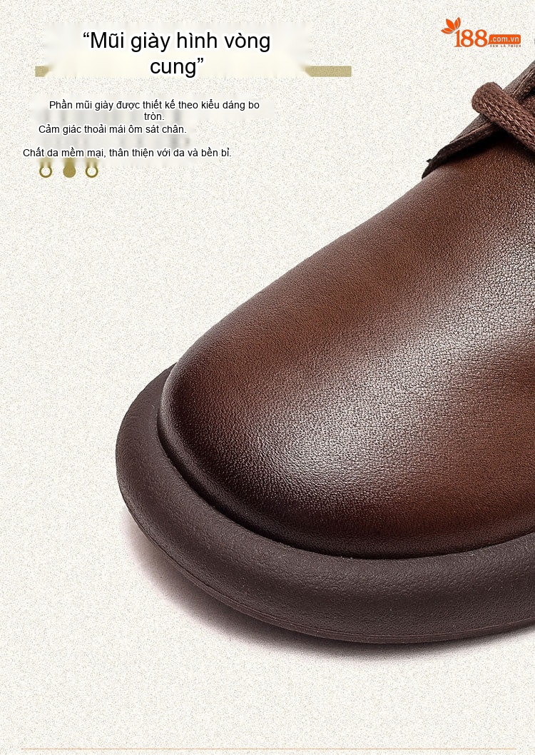 Giày Boot Nữ Cổ Ngắn Da Bò Mũi Tròn Buộc Dây Chiều Cao Đế Khoảng 3cm Màu Nâu, Đen chi tiết 5