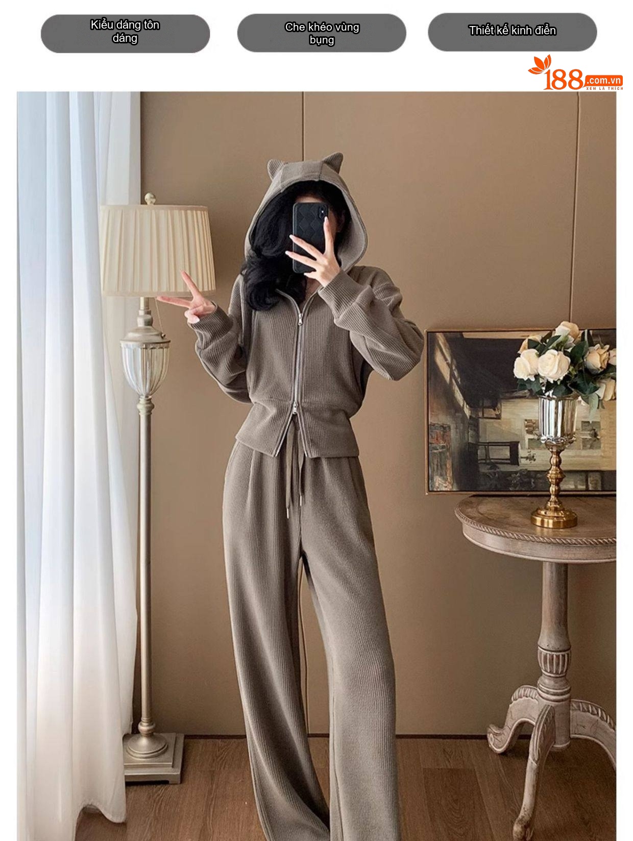 Bộ đồ nữ áo khoác ngắn có mũ quần ống rộng dệt kim chi tiết 10