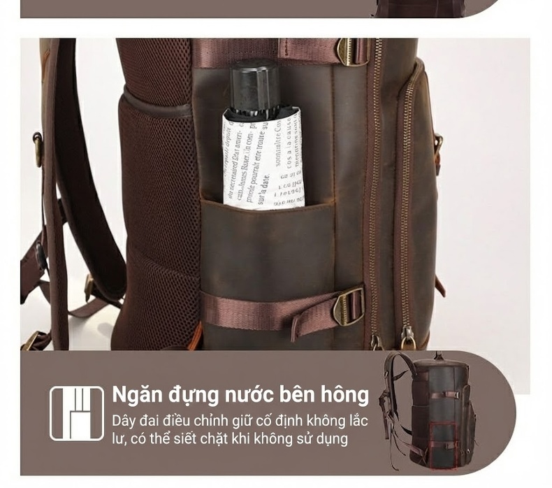 Balo Da Bò Du Lịch Đeo Vai/Xách Tay Đa Năng Dung Tích Lớn Màu Nâu chi tiết 5