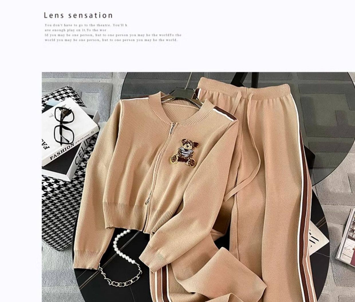 Set Bộ Dệt Kim Áo Khoác Lửng Quần Ống Rộng Phong Cách Thời Trang Màu Nâu chi tiết 3