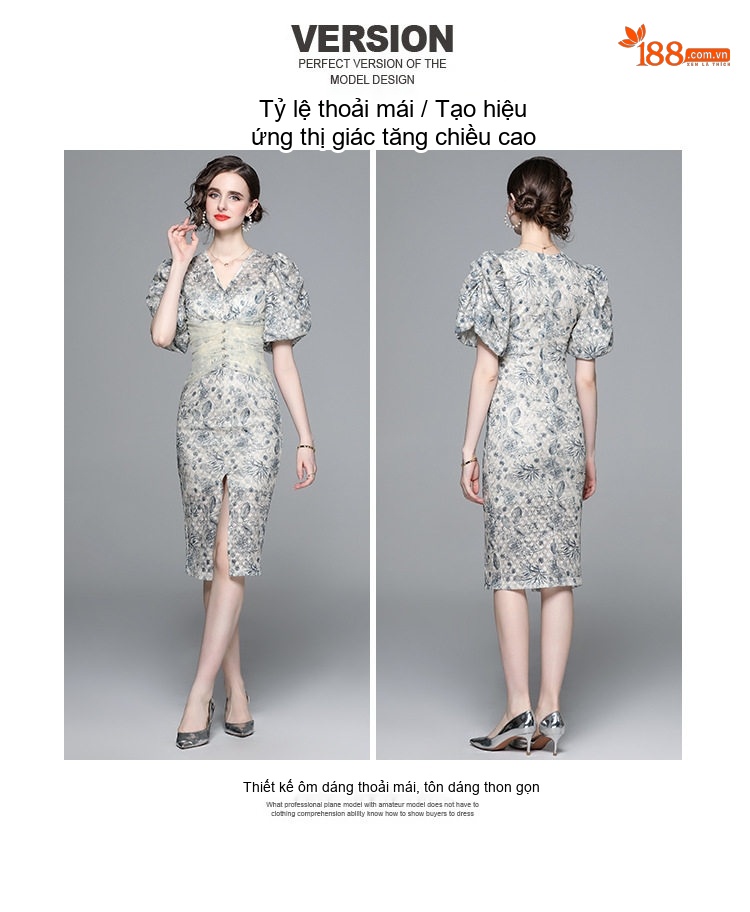 Váy liền thân Nữ Tay Bồng Họa Tiết Hoa Xẻ Tà Phong Cách Quý Phái chi tiết 4