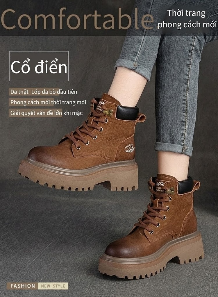 Boot Martin Nữ Cổ Ngắn Đế Dày Phong Cách Retro Chiều Cao Đế Khoảng 5cm Màu Nâu, Đỏ chi tiết 1