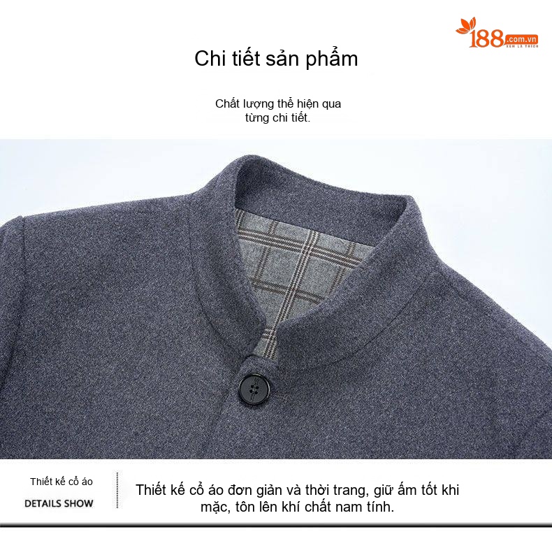 Áo Khoác Dạ Nam 100% Lông Cừu Cổ Trụ Dáng Ngắn Màu Xám Đậm, Xám Nhạt chi tiết 12