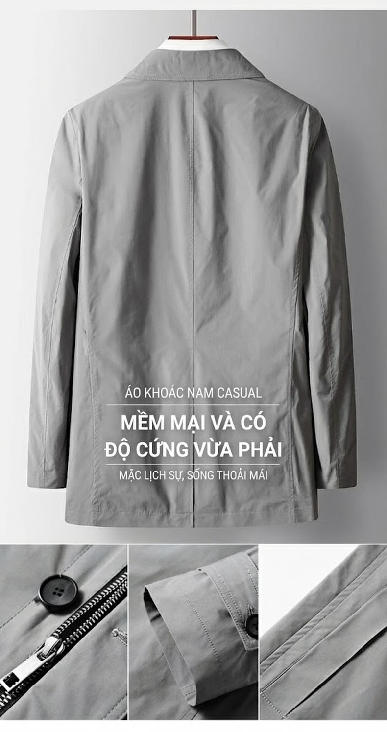 Áo Khoác Gió Nam Dáng Dài Vải Trơn Chống Nhăn Cổ Bẻ Màu Xám, Xanh Navy chi tiết 3