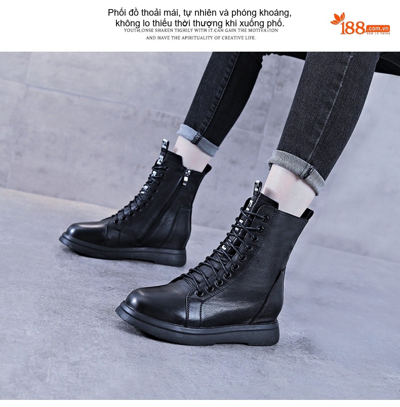 Giày Boot Martin Nữ Da Bò Lót Lông Chiều Cao Đế Khoảng 4cm Phong Cách Anh Quốc Màu Đen chi tiết 12