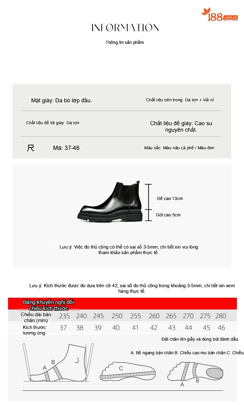 Boot Chelsea Nam Da Bò Cao Cổ Thủ Công Chiều Cao Đế Khoảng 5cm Màu Đen, Nâu Đỏ chi tiết 7