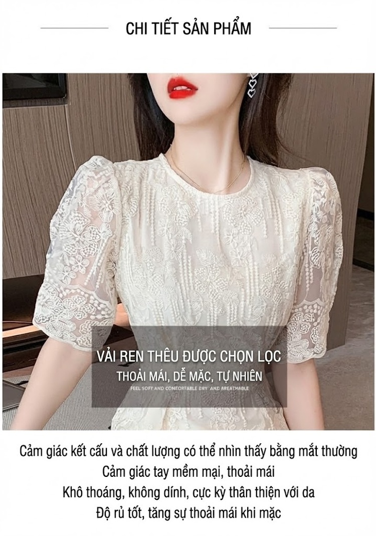 Váy Ren Nữ Tay Bồng Dáng Ôm Thanh Lịch Màu Trắng Kem chi tiết 5