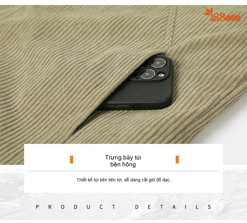 Áo Khoác Nam Cổ Bẻ Vải CORDUROY Dáng Bomber Màu Đen, Kem, Xanh Olive chi tiết 31