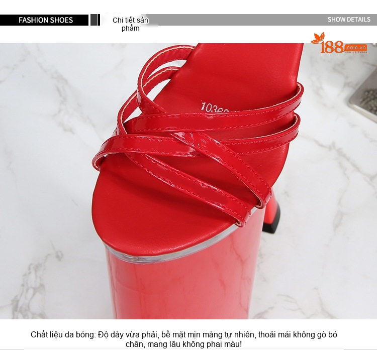 Giày Sandal Cao Gót Nữ Quai Ngang Hở Ngón Da Bóng Đính Đá Gót Cao 26cm Màu Đen, Đỏ, Trắng chi tiết 4