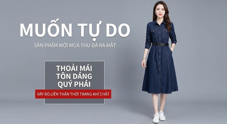 Váy Dài Tay Nữ Denim dáng chữ A Cổ Điển Thanh Lịch chi tiết 1