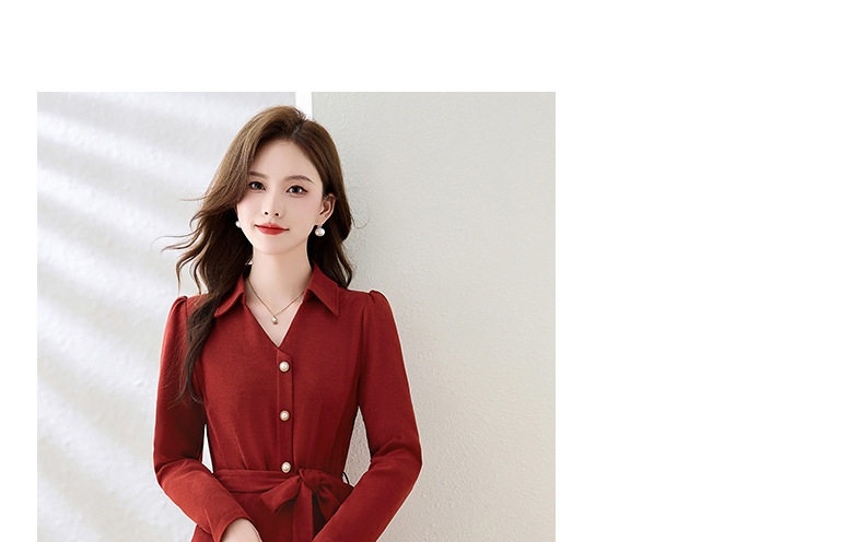 Váy Đầm Nữ dáng chữ A Thắt Eo Tay Dài Phong Cách Hàn Quốc Màu Đỏ chi tiết 12