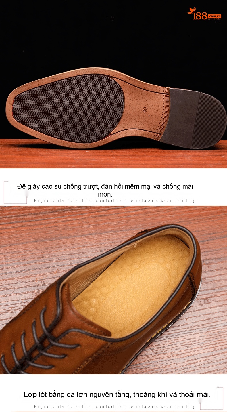 Giày Tây Buộc Dây Nam Da Bò Thật Thủ Công Chiều Cao Đế Khoảng 3cm Màu Nâu chi tiết 5
