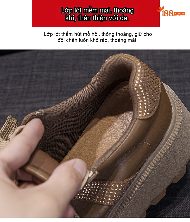 Giày Thể Thao Nữ Đế Dày Chiều Cao Đế Khoảng 5cm Da Mờ Đính Đá Màu Đỏ, Nâu, Đen chi tiết 11