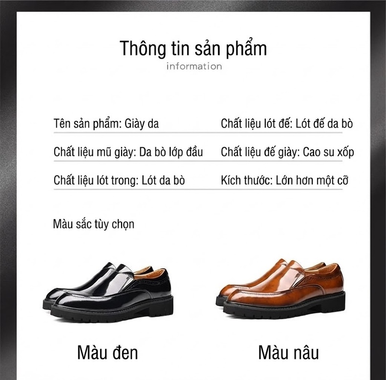 Giày Lười Nam Da Bò Bóng Chiều Cao Đế Khoảng 4cm Màu Đen, Nâu chi tiết 7