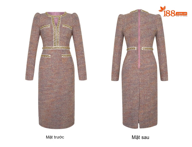 Váy liền thân Nữ Chất Liệu Lông Xù Dày Dặn Thiết Kế Khoét Lỗ Đính Đá Phong Cách Tiểu Thư Màu Nâu chi tiết 7