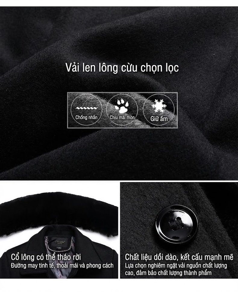 Áo Khoác Dạ Nam Dáng Dài Vừa Cổ Lông Tháo Rời Lót Lông Dày Dặn Màu Đen, Xám, Nâu, Xanh Navy chi tiết 5