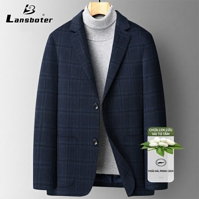 Áo Vest Nam Cashmere Lông Cừu, Lụa, Kẻ Ô Vuông Phong Cách Thu Đông Màu Xanh Navy