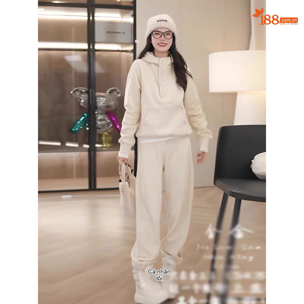 Bộ Đồ Nữ Áo Hoodie Quần Dài Thể Thao Dáng Rộng Lót Lông Màu Kem