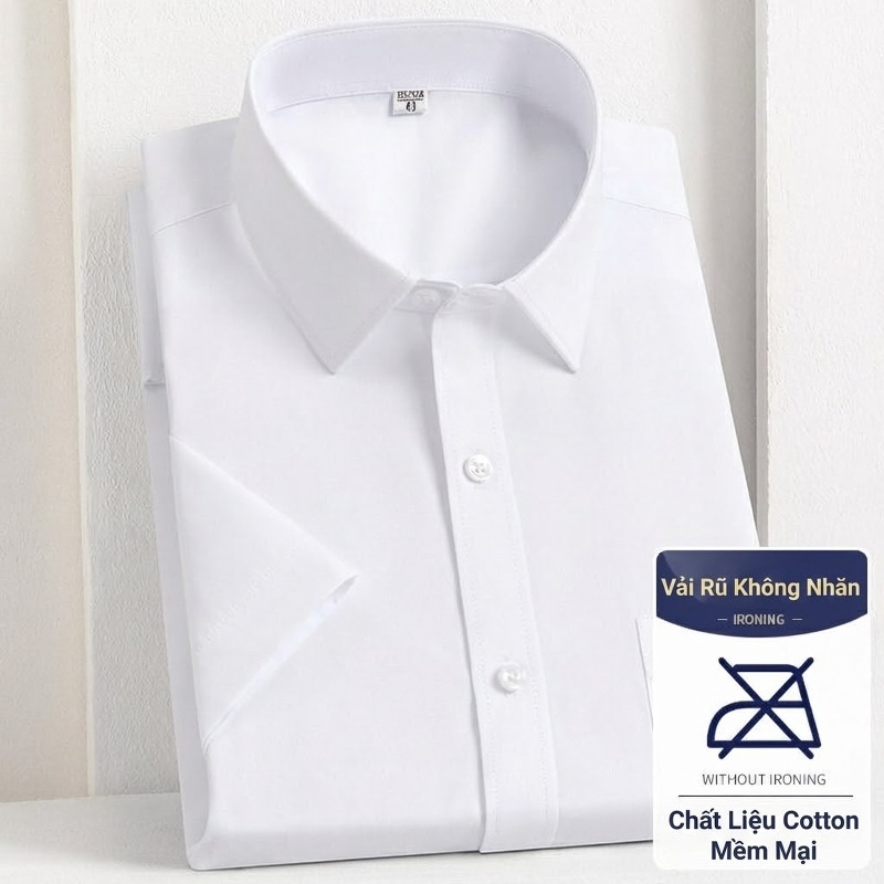 Áo Sơ Mi Nam Cotton Ngắn Tay Dáng Ôm Chống Nhăn Màu Trắng, Xanh Dương, Tím, Xám...
