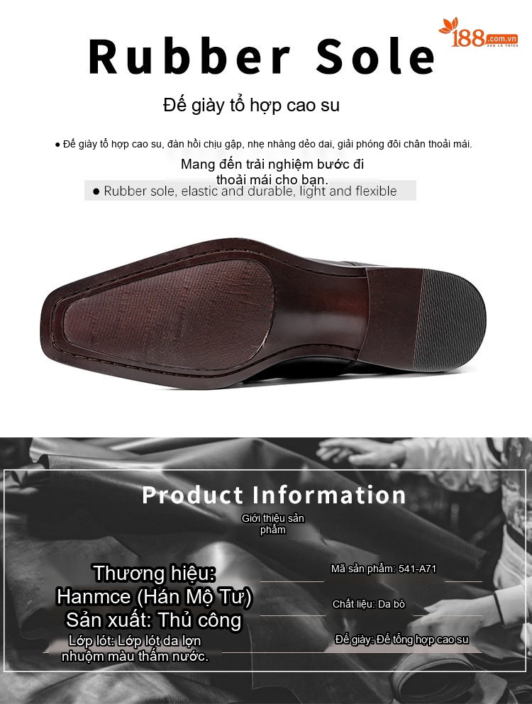 Giày Tây Monk Strap Nam Da Bò Mũi Vuông Chiều Cao Đế Khoảng 3cm Màu Đen, Nâu chi tiết 12
