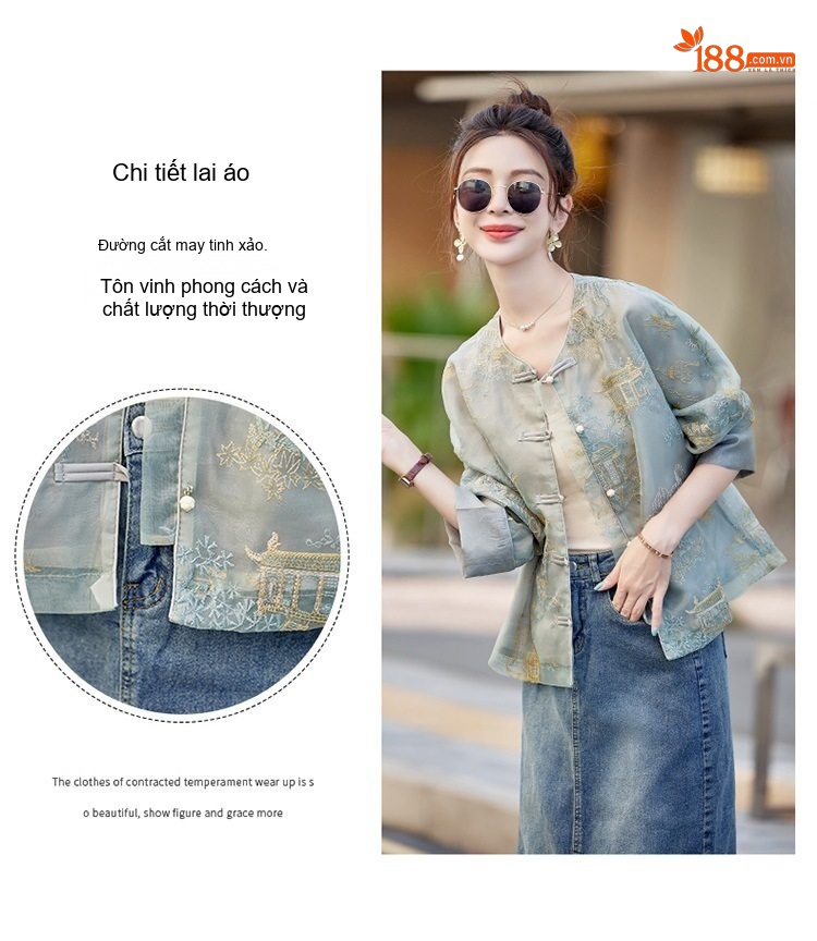 Áo Khoác Quốc Phong Nữ Thêu Họa Tiết Dáng Rộng Tay Lỡ Cổ Tàu Màu Xanh, Trắng chi tiết 7