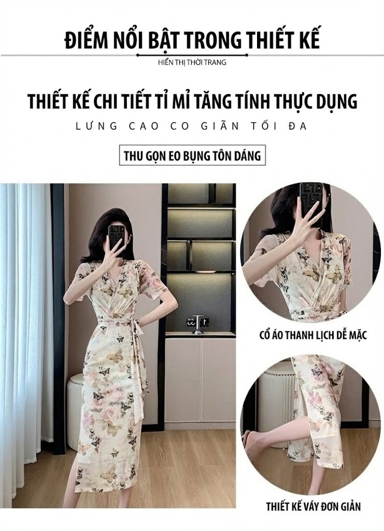 Váy Midi Nữ Tay Ngắn Thắt Eo Dáng Ôm Vải Voan Mỏng Nhẹ Họa Tiết Hoa Lá Màu Đen, Trắng, Tím... chi tiết 2