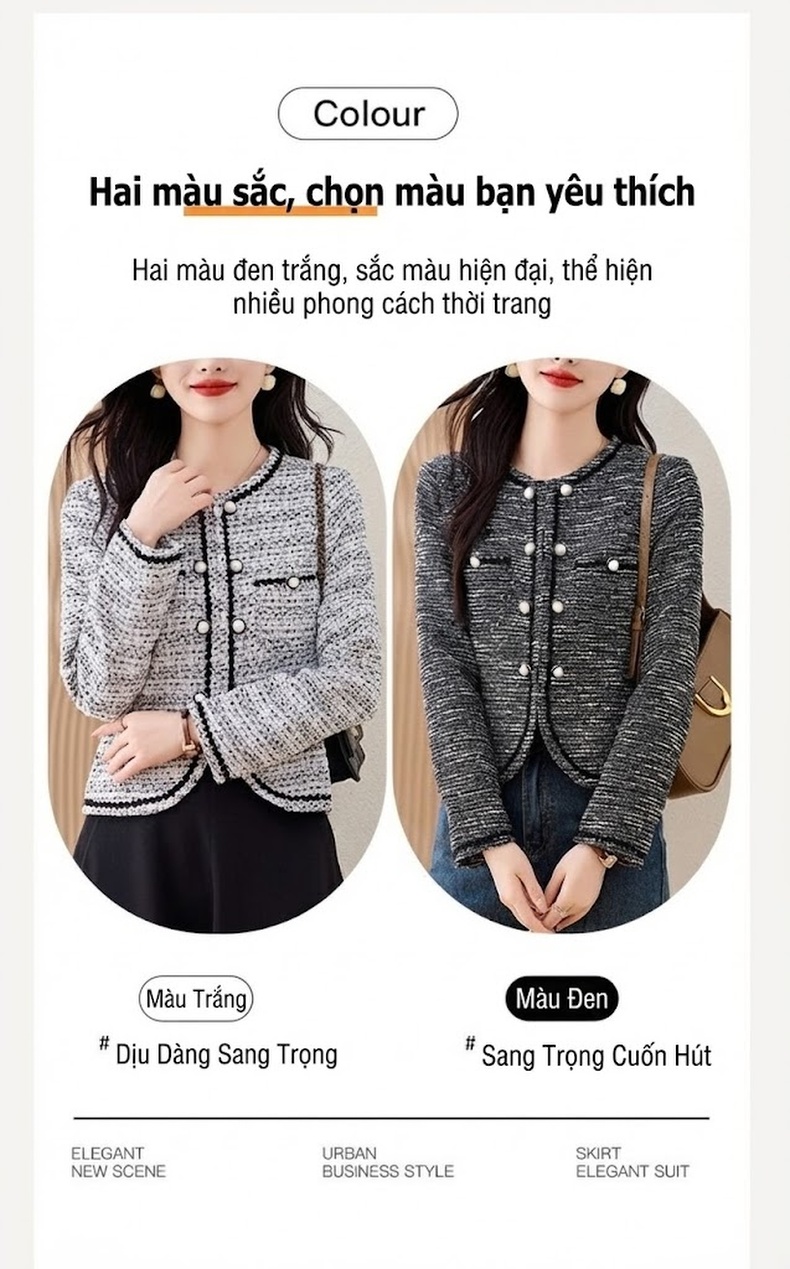 Áo Khoác Tiểu Thư Nữ Dáng Ngắn Rộng Tay Dài Phong Cách Thanh Lịch Màu Trắng Xám chi tiết 10