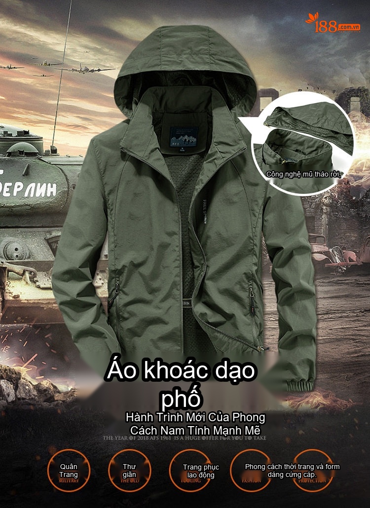 Áo Khoác Gió Nam Mỏng Nhẹ Dáng Rộng Có Mũ Trùm Đầu Phong Cách Thể Thao Màu Xanh Rêu, Nâu Be, Xanh Navy, Xám Đen... chi tiết 1