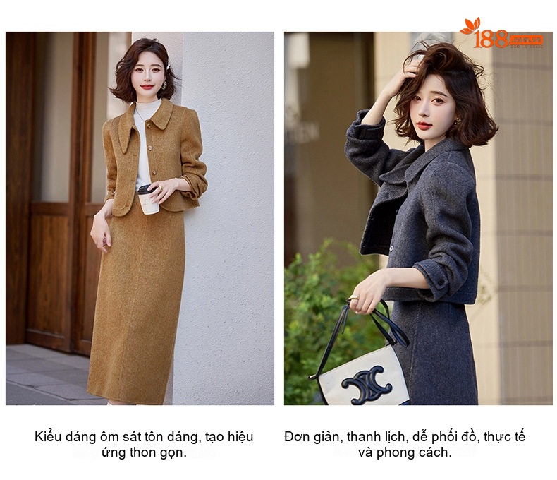 Set Áo Khoác Lửng Nữ và Chân Váy Bút Chì Vải Lông Cừu Hai Mặt Phong Cách Hàn Quốc Màu Nâu, Xám, Kem chi tiết 4