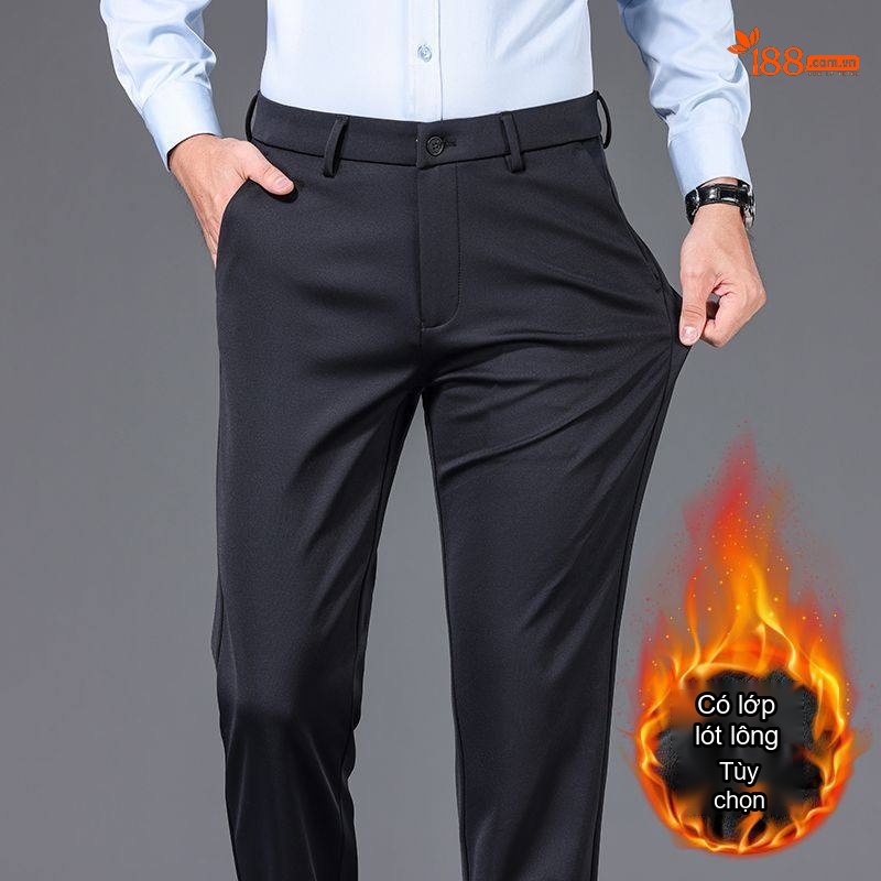 Quần Tây Nam Ống Đứng Lót Lông Cừu Dáng Suông Màu Đen