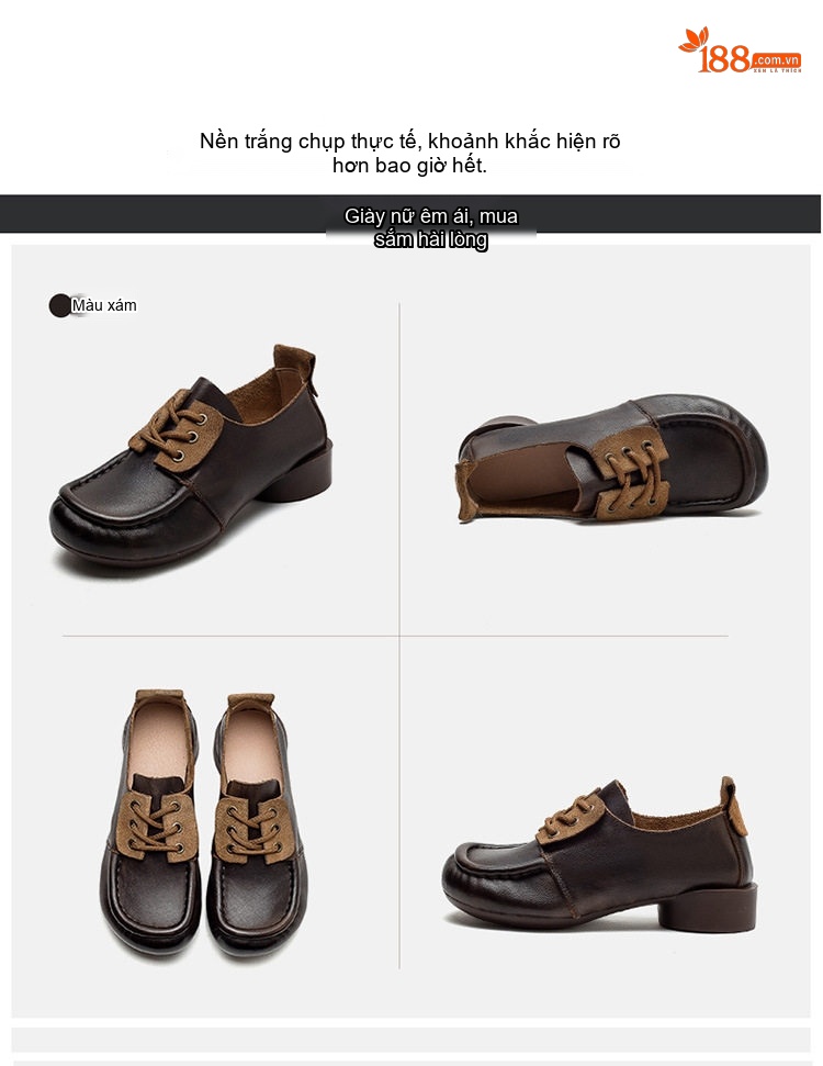 Giày Búp Bê Nữ Buộc Dây Da Mờ Chiều Cao Đế Khoảng 3cm Màu Nâu chi tiết 14
