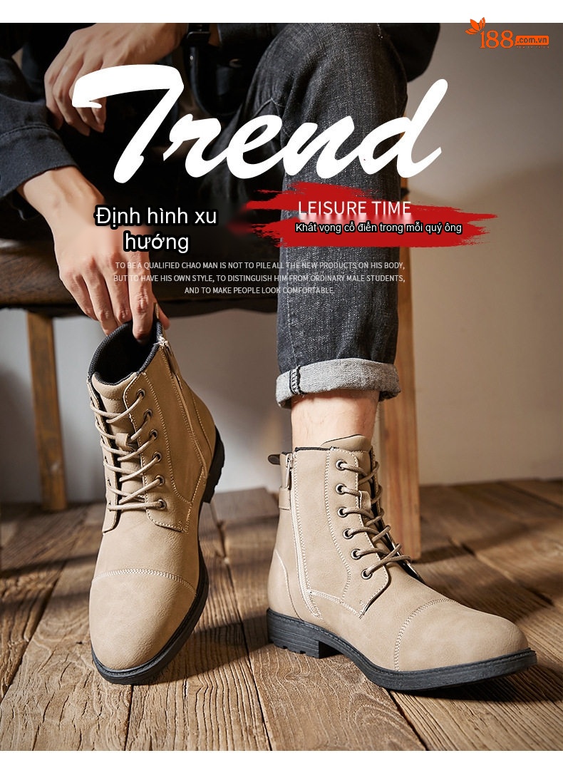 Giày Boot Công Sở Nam Cổ Cao Da Bóng Buộc Dây Khóa Bên Chiều Cao Đế Khoảng 3cm Màu Đen, Xám, Xanh Navy, Kem chi tiết 1