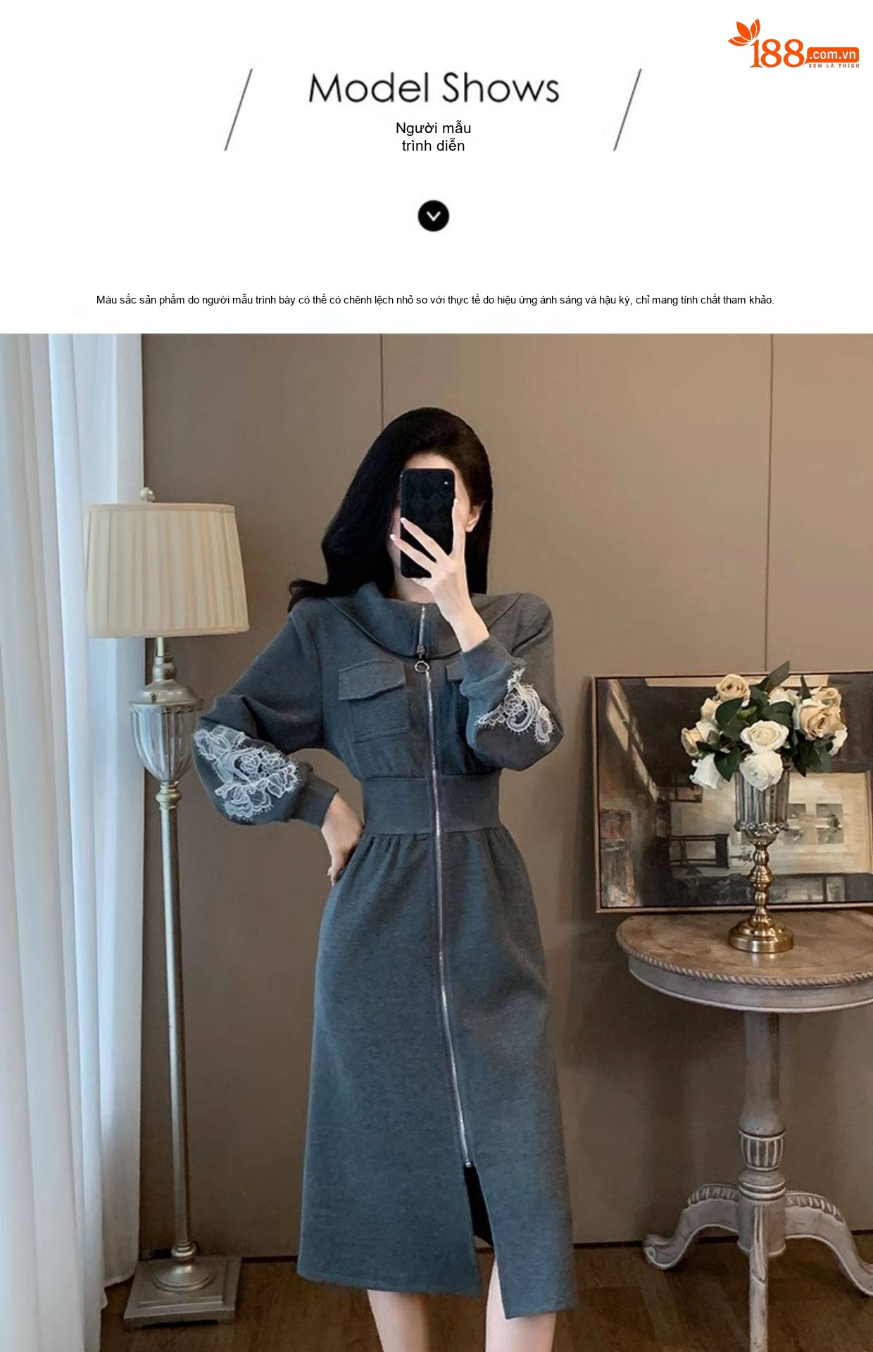 Váy Thun Nữ Dáng Dài Tay Dài Cổ Bẻ Khóa Kéo Eo Thun Màu Xám chi tiết 13