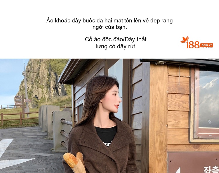 Áo Khoác Dạ Nữ Dáng Dài Vừa Cổ Trụ Thắt Eo Màu Nâu chi tiết 5