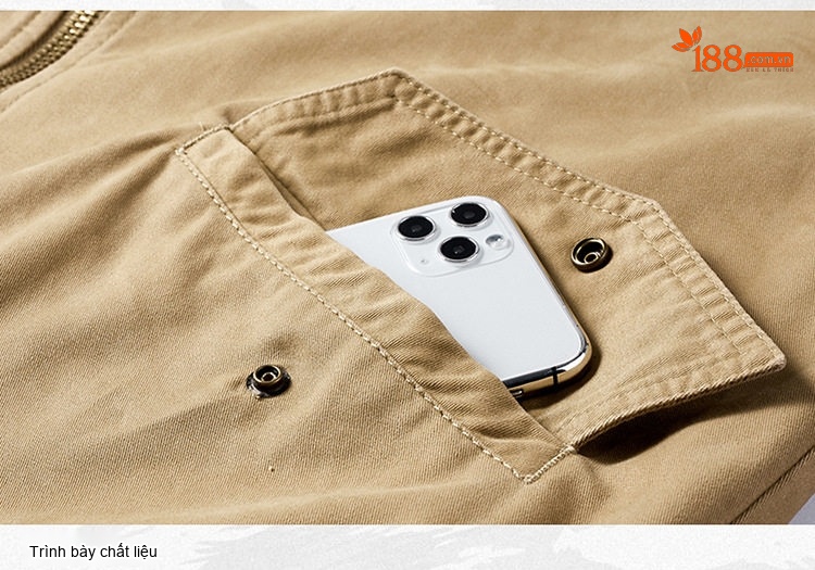 Áo Khoác Bomber Nam Vải Cotton Giặt Nước Cổ Bóng Chày Màu Xanh Olive, Đen, Xanh Navy, Be chi tiết 7