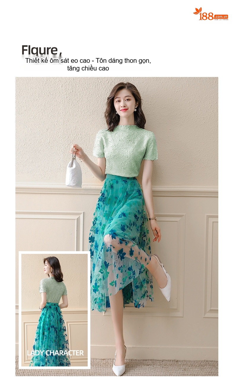 Set Áo Thun Tay Ngắn và Chân Váy Voan Midi Họa Tiết Hoa Phong Cách Thanh Lịch chi tiết 3