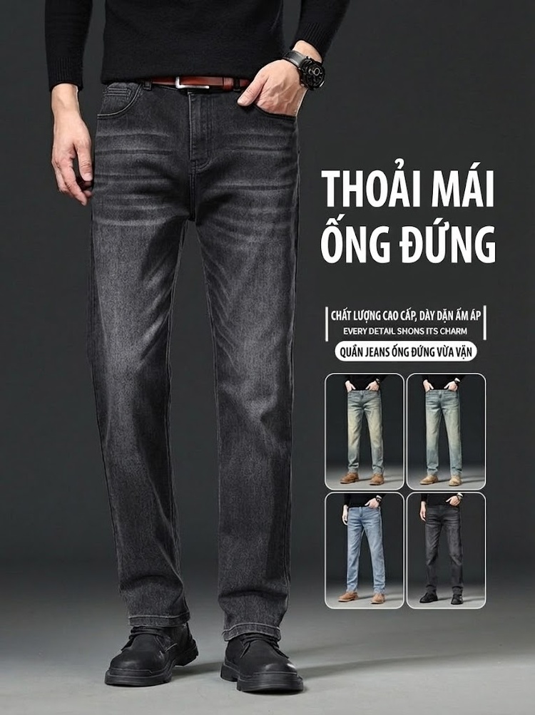 Quần Jean Nam Ống Đứng Dáng Rộng Co Giãn Thoải Mái Phong Cách Trung Niên Màu Xanh Dương, Xám
