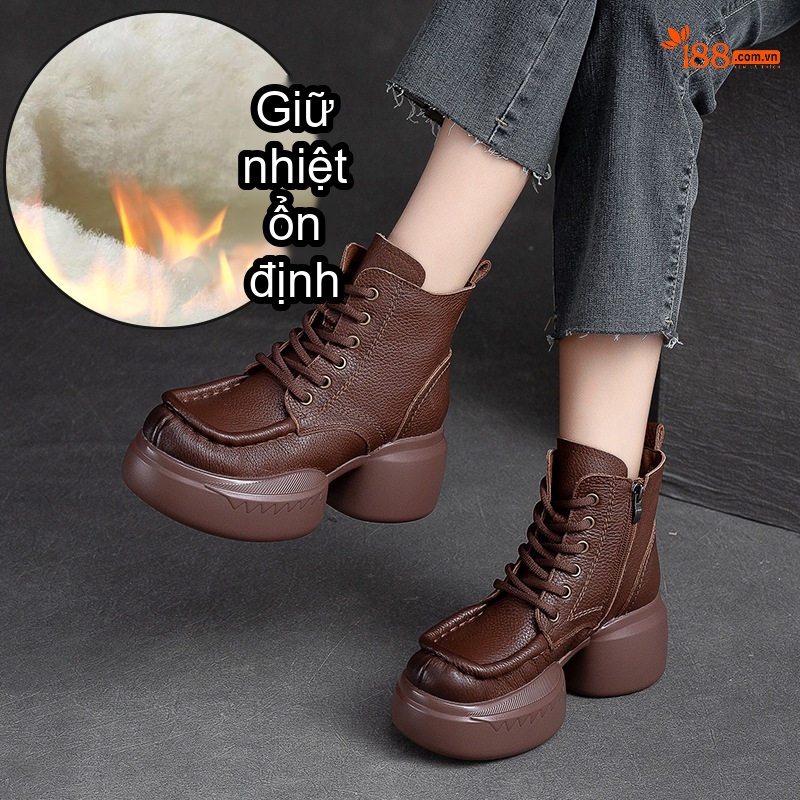 Boot Martin Nữ Dây Buộc Da Mờ Giữ Ấm Mùa Đông Chiều Cao Đế Khoảng 5cm Màu Đen, Nâu