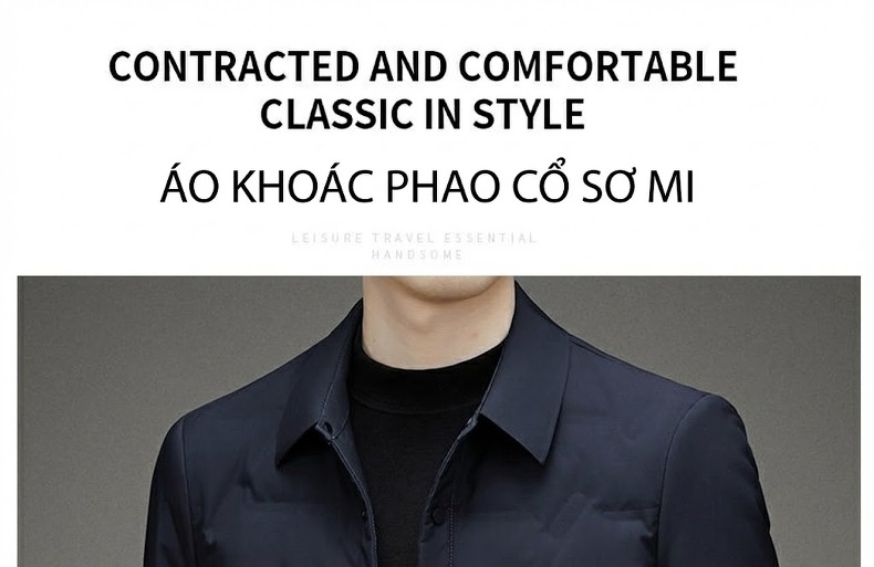 Áo Khoác Phao Nam Lông Vũ Mỏng Nhẹ Cổ Sơ Mi Màu Đen, Xám, Xanh Navy chi tiết 1